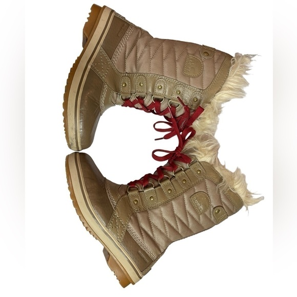 🎉Sorel Tofino II kids Tall Faux Fur Boots Winter Outdoors Tan Red Laces size 1 - Picture 2 of 16